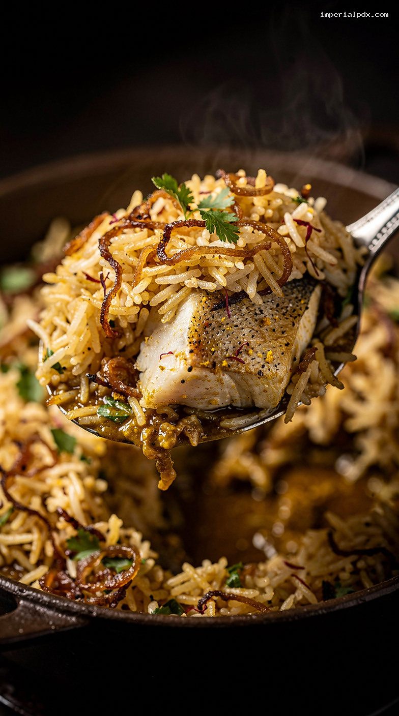 Saffron Fish Biryani With Mint, Fried Onions, and Yogurt Marinade – Closeup