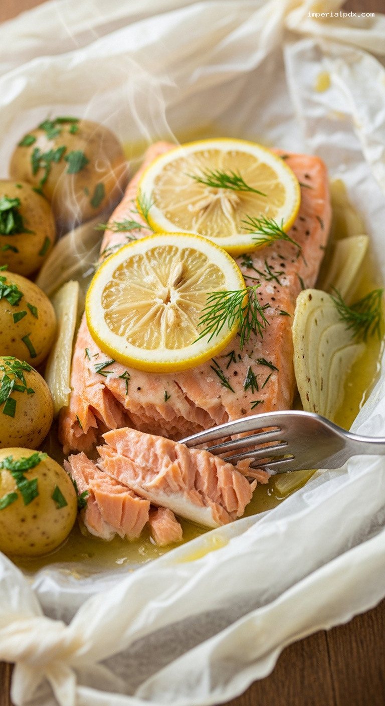 Salmon en Papillote with Fennel, Lemon, and Herbs – Closeup