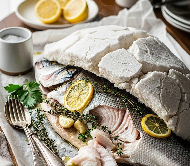 Salt-Baked Whole Sea Bass in a Cracked Salt Crust