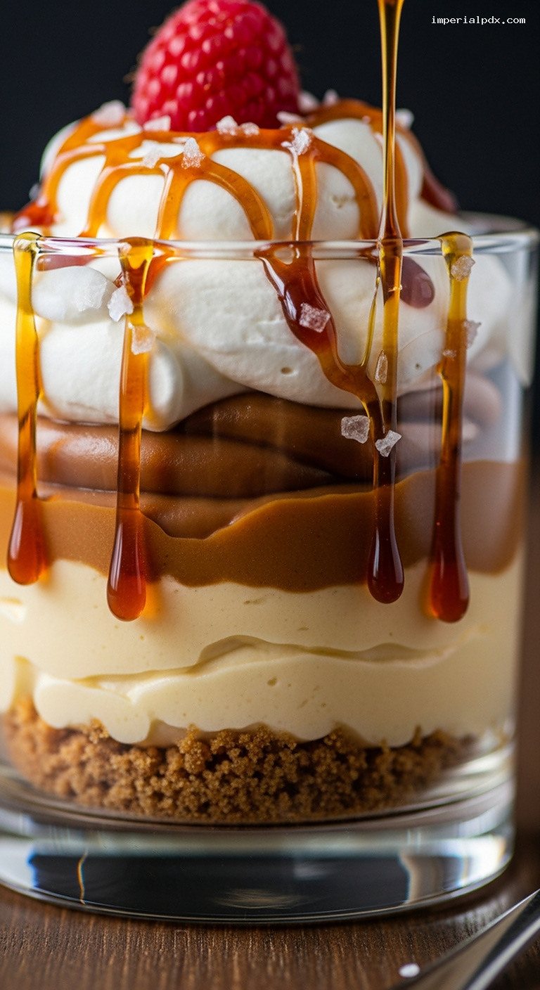 Salted Caramel Verrines with Sablé Crumble and Cream – Closeup