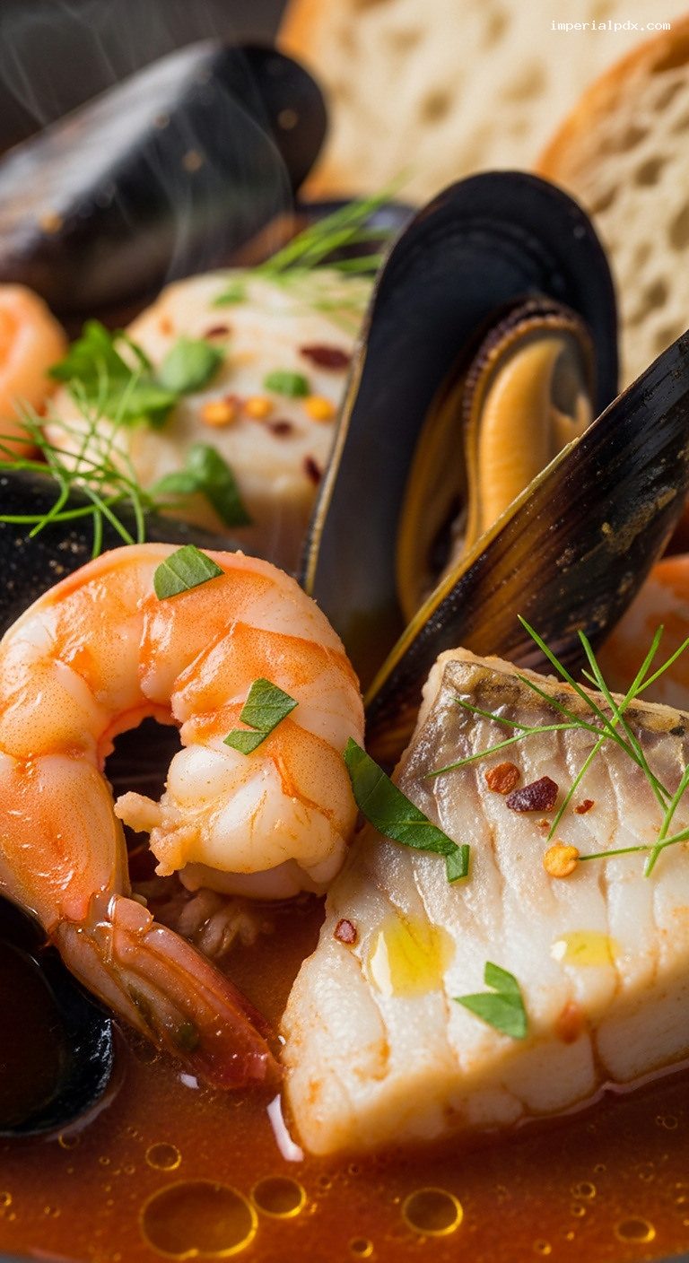 San Francisco Cioppino Seafood Stew with Fennel and Parsley – Closeup