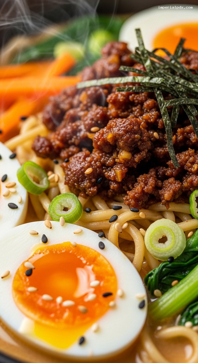 Savory Beef Miso Ramen With Soft-Boiled Eggs – Closeup