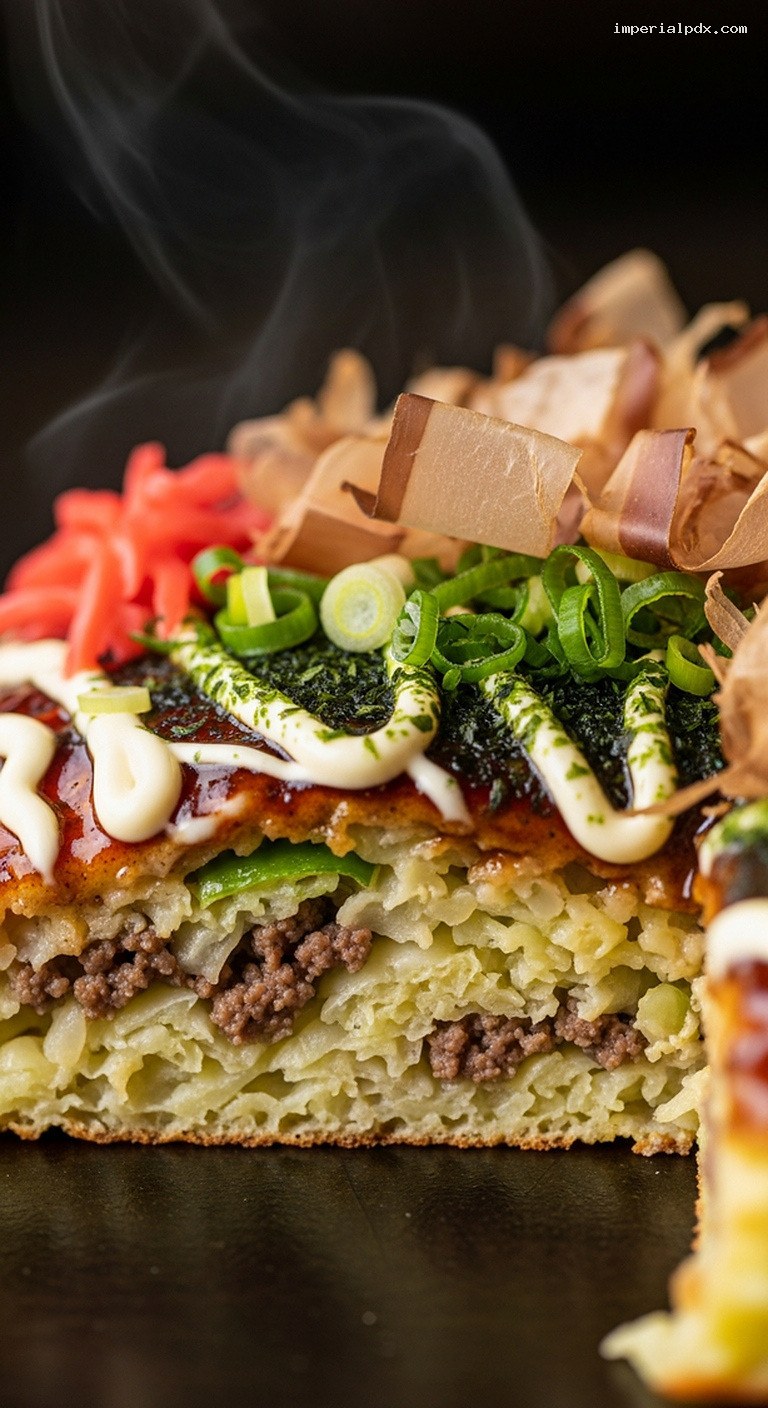 Savory Beef Okonomiyaki Cabbage Pancakes – Closeup