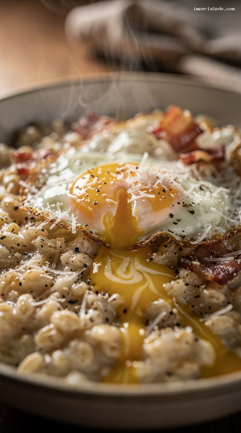 Savory Carbonara Oatmeal With Parmesan, Pepper, And Runny Egg – Closeup
