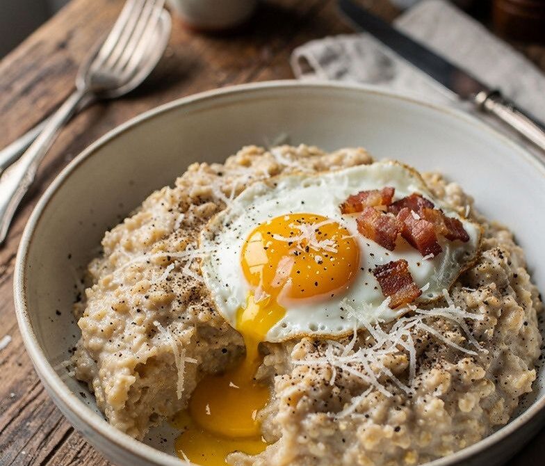 Savory Carbonara Oatmeal With Parmesan, Pepper, And Runny Egg