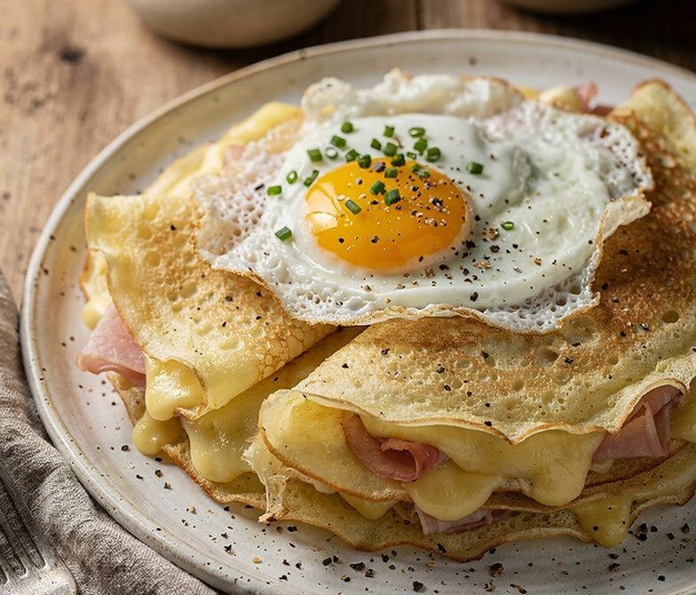 Savory Ham, Cheese, and Runny Egg Breakfast Crepes