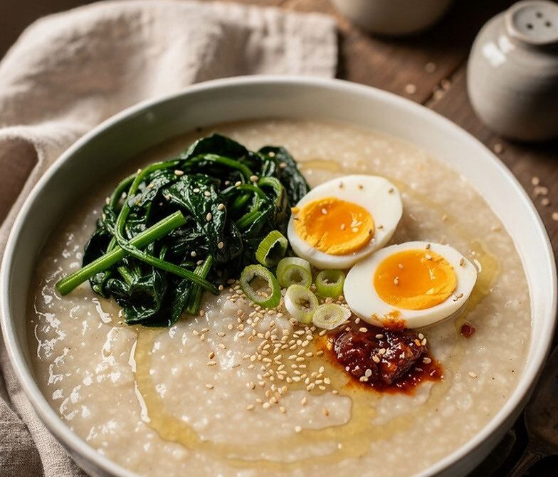 Savory Miso Sesame Breakfast Porridge With Greens and Egg