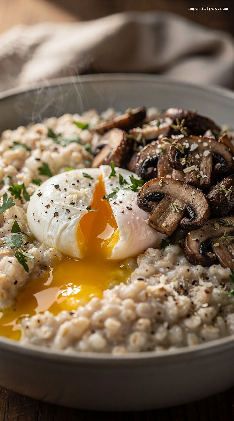Savory Steel-Cut Oat Risotto With Mushrooms and Poached Egg – Closeup