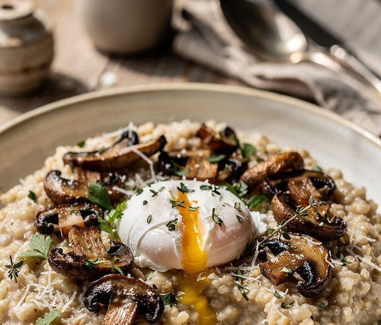 Savory Steel-Cut Oat Risotto With Mushrooms and Poached Egg