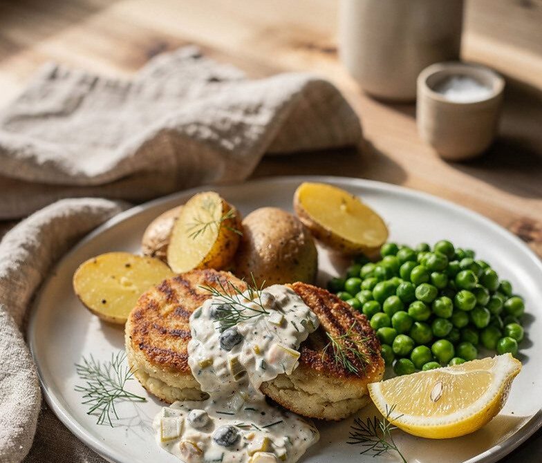 Scandinavian Fish Cakes with Remoulade, Potatoes, and Peas