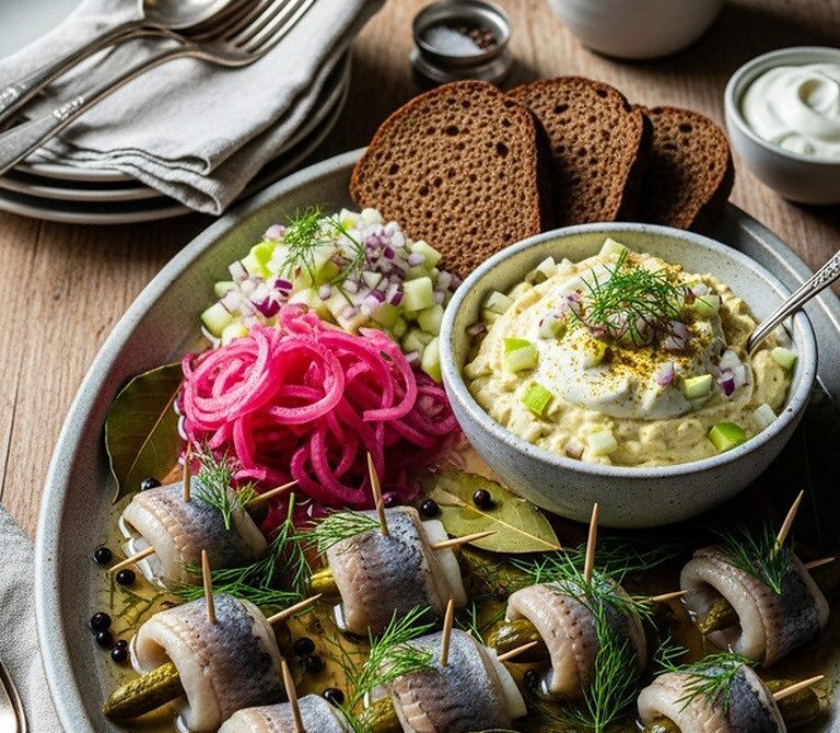 Scandinavian Pickled Herring Platter with Rye, Pickled Onions and Sour Cream
