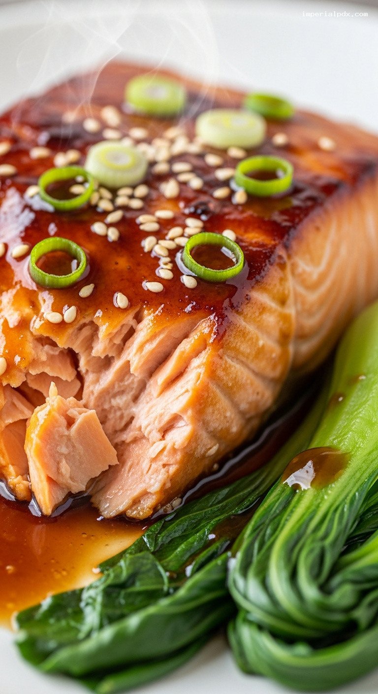 Seared Teriyaki Salmon Steaks with Bok Choy – Closeup