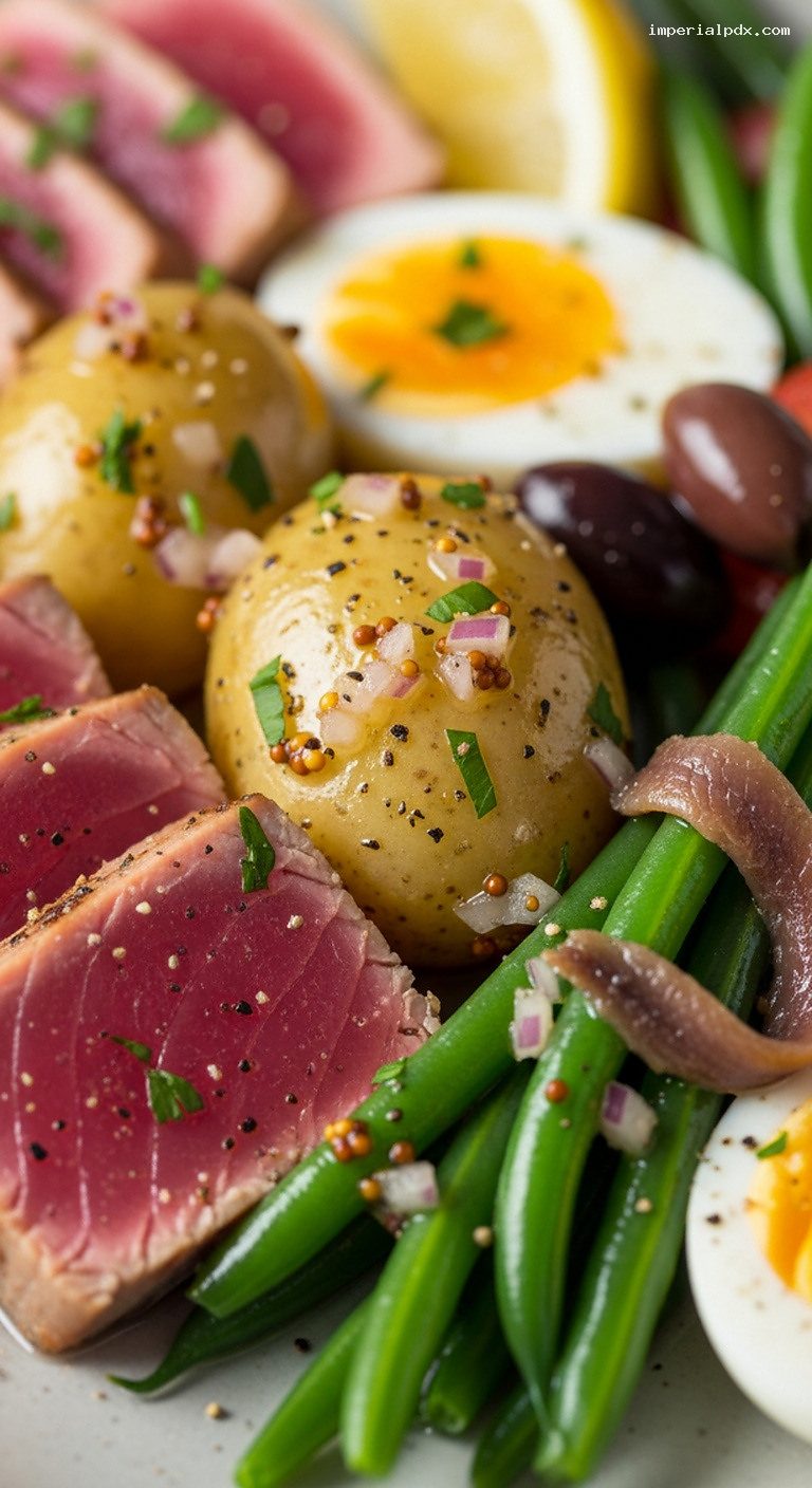 Seared Tuna Salade Niçoise With Mustard Vinaigrette – Closeup