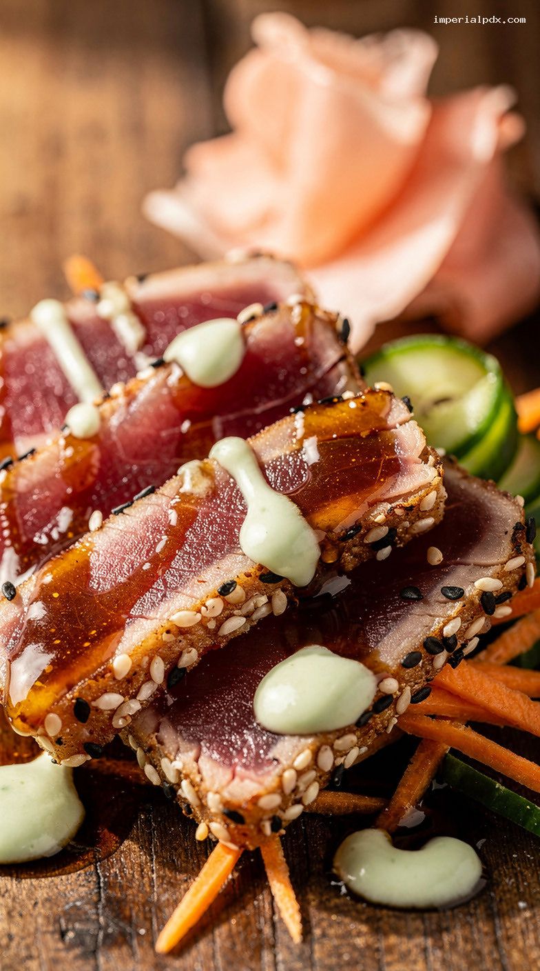 Sesame-Crusted Seared Ahi Tuna Platter With Soy-Citrus Sauce – Closeup