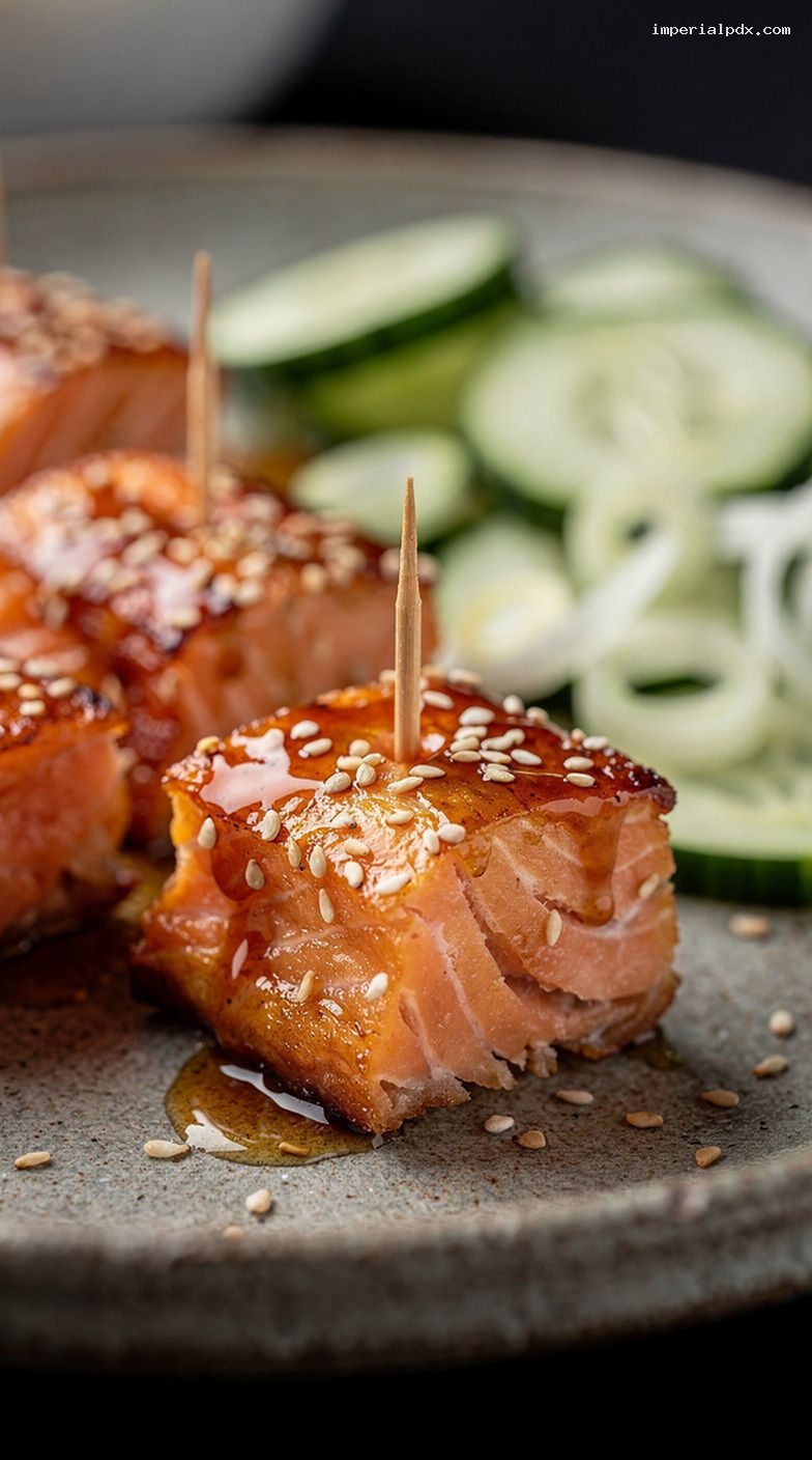 Sesame-Ginger Glazed Salmon Bites with Scallion-Cucumber Salad – Closeup