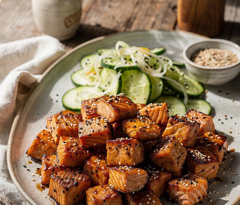 Sesame-Ginger Glazed Salmon Bites with Scallion-Cucumber Salad