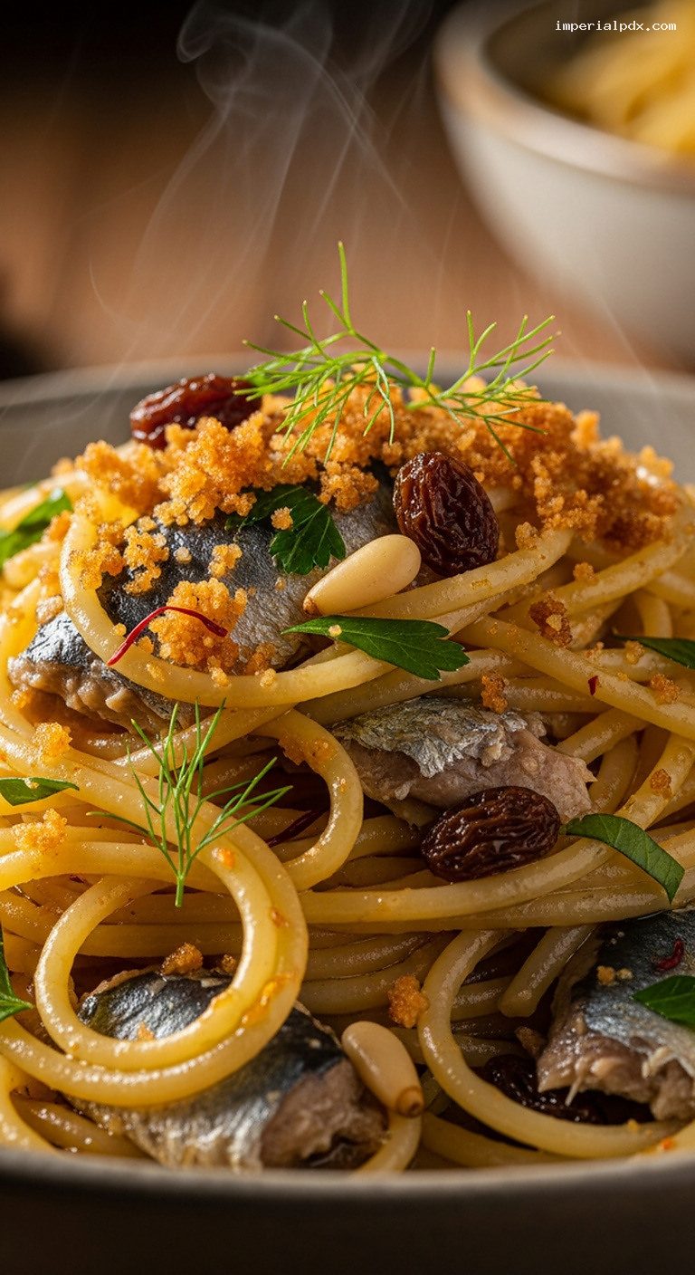 Sicilian Spaghetti Con Le Sarde With Wild Fennel and Pangrattato – Closeup