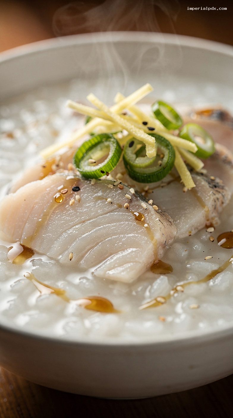 Silky Cantonese Fish Congee With Ginger and Scallions – Closeup