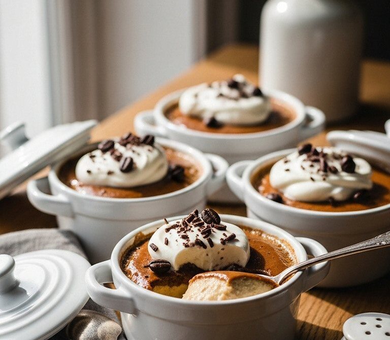 Silky Coffee Pots de Crème With Whipped Cream