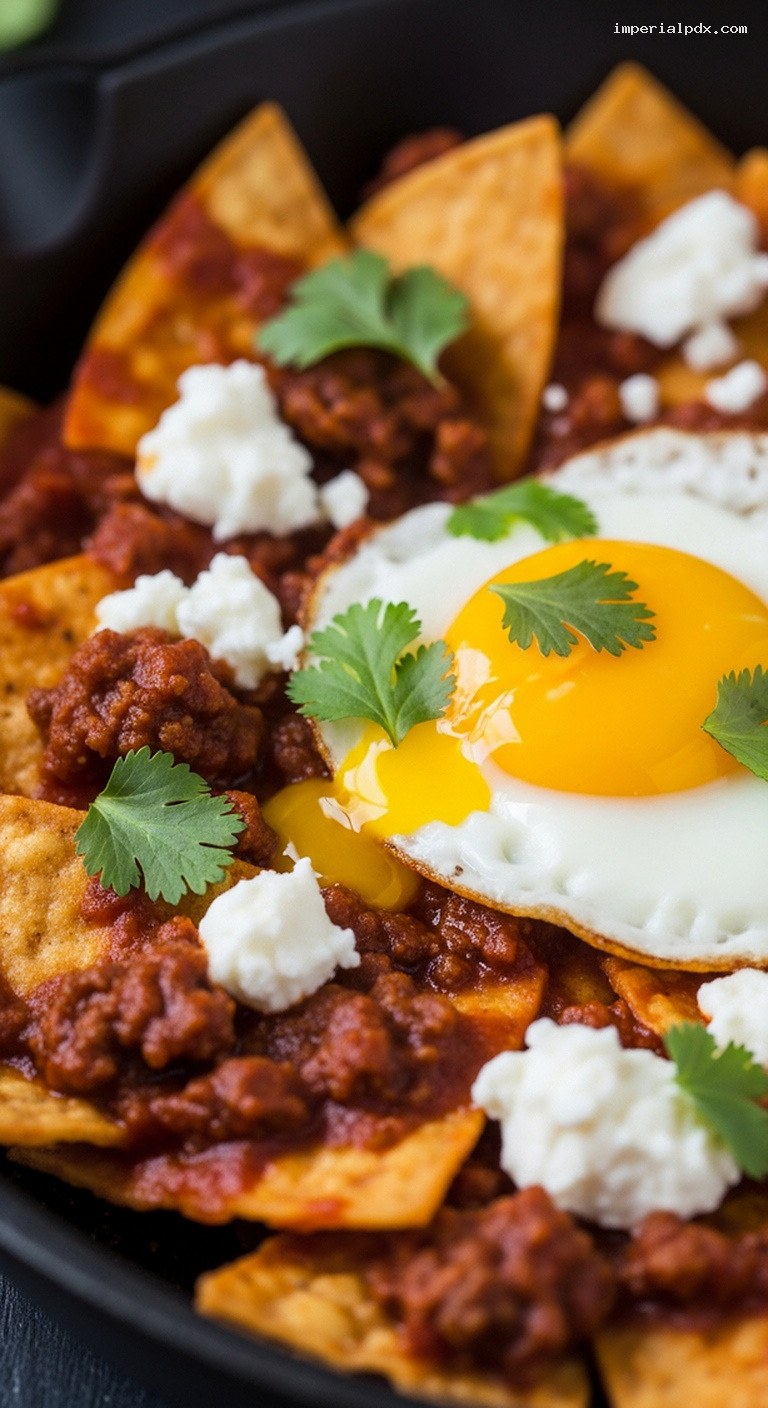Skillet Beef Chilaquiles with Fried Egg – Closeup