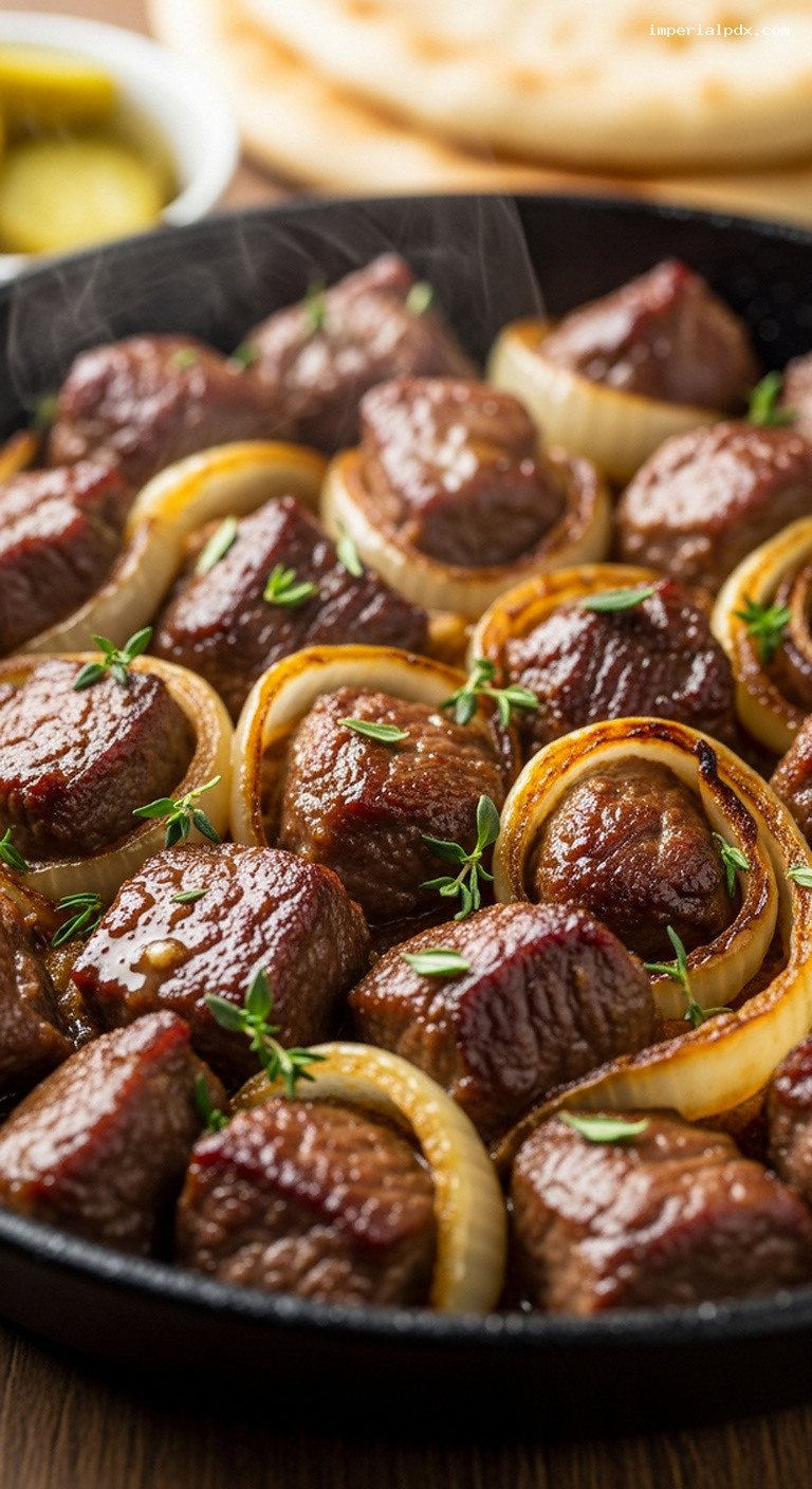 Skillet Kavurma: Caramelized Lamb with Onions and Thyme – Closeup