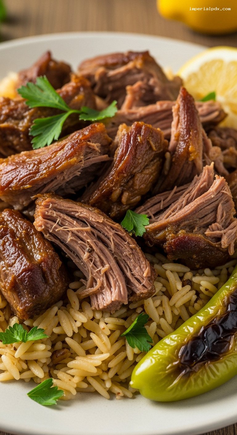 Slow-Roasted Lamb Shoulder with Pilaf and Peppers – Closeup