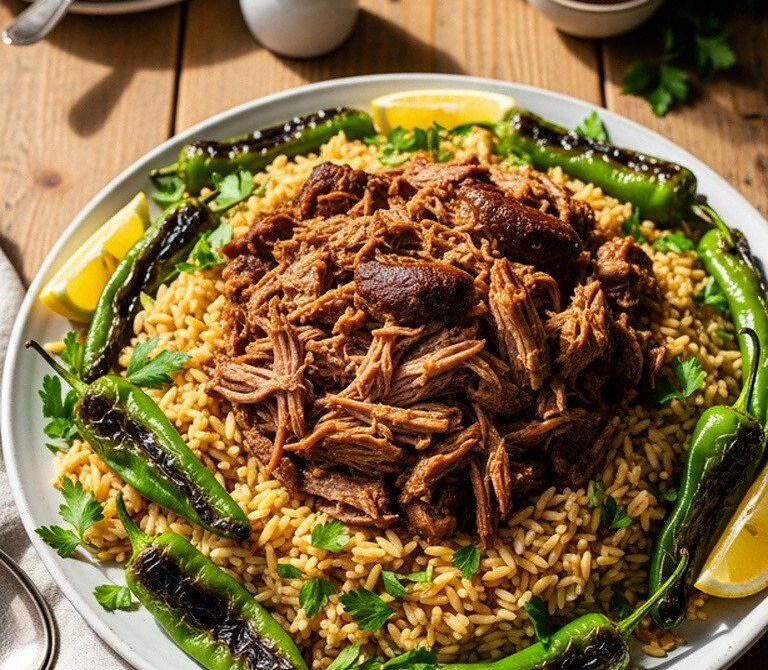 Slow-Roasted Lamb Shoulder with Pilaf and Peppers