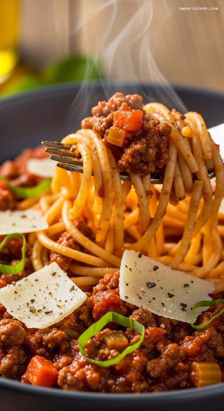 Slow-Simmered Spaghetti Bolognese With Red Wine and Basil – Closeup