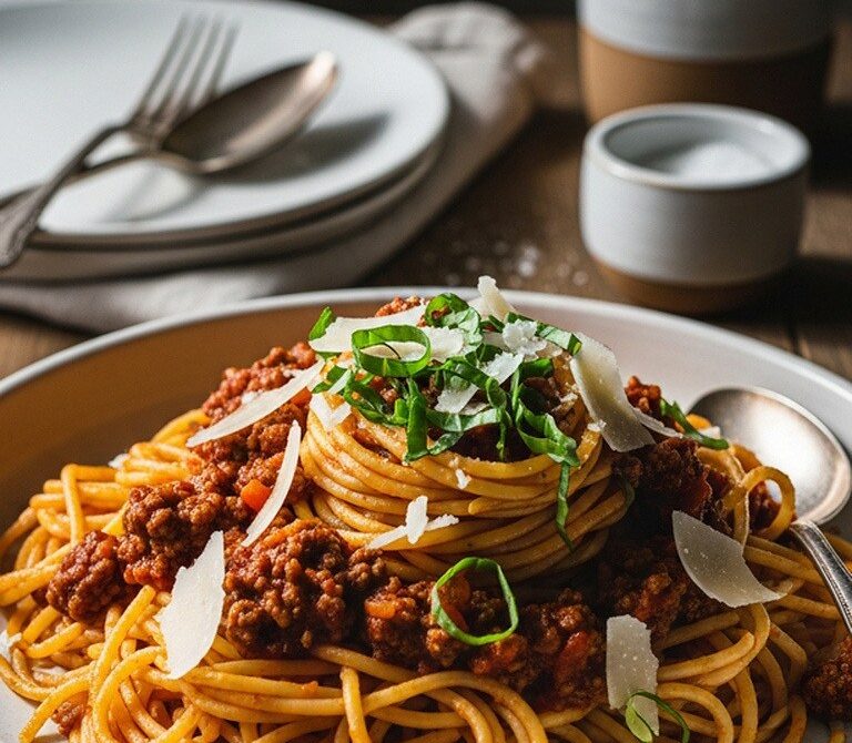Slow-Simmered Spaghetti Bolognese With Red Wine and Basil
