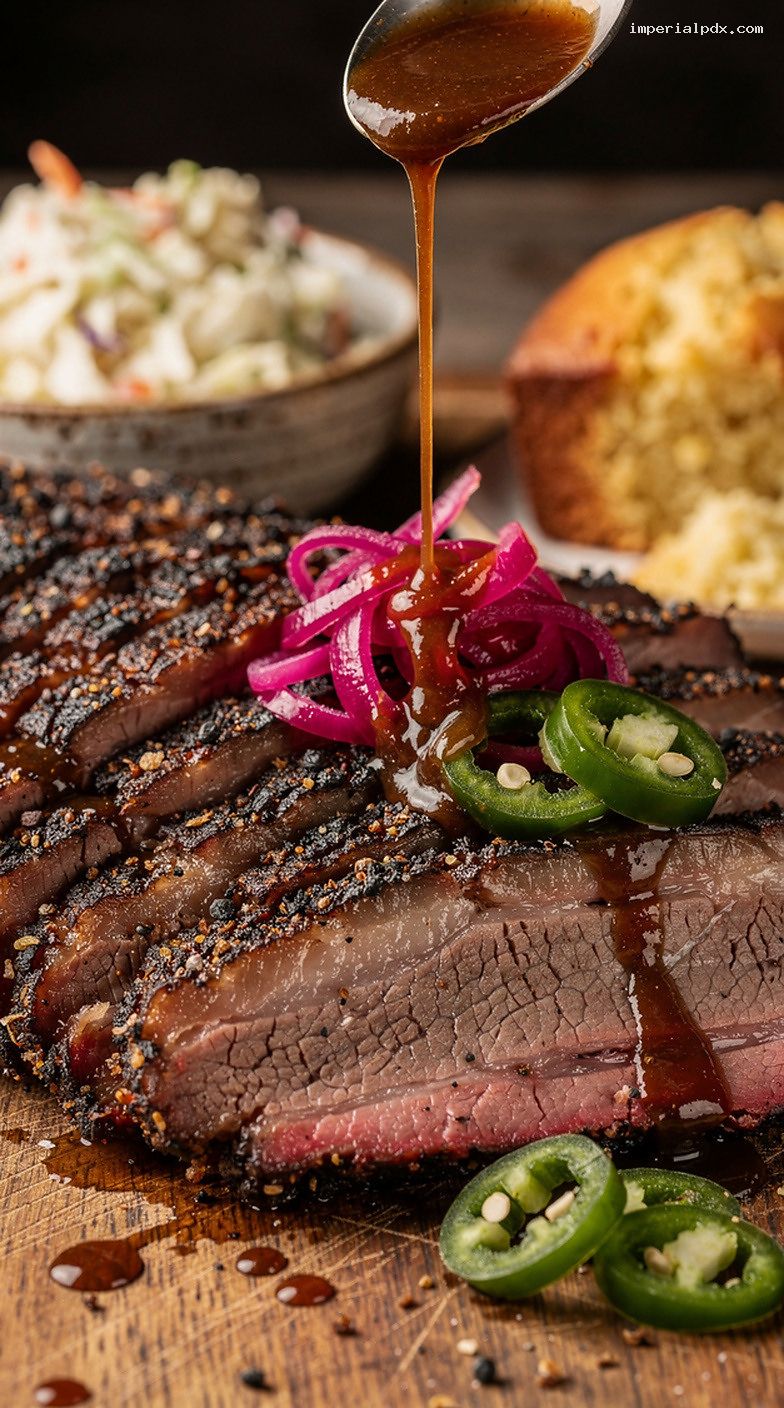 Slow-Smoked BBQ Brisket Slicing Station With Classic Sides – Closeup