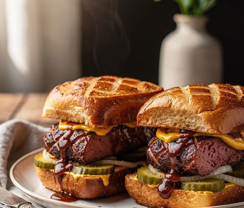 Smoked BBQ Bologna Chub Sandwiches With Mustard and Pickles