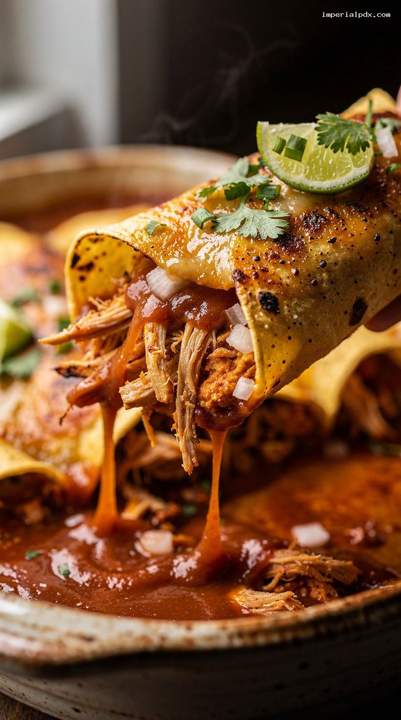 Smoked BBQ Chicken Enchiladas With Smoky Tomato-Chile Sauce – Closeup