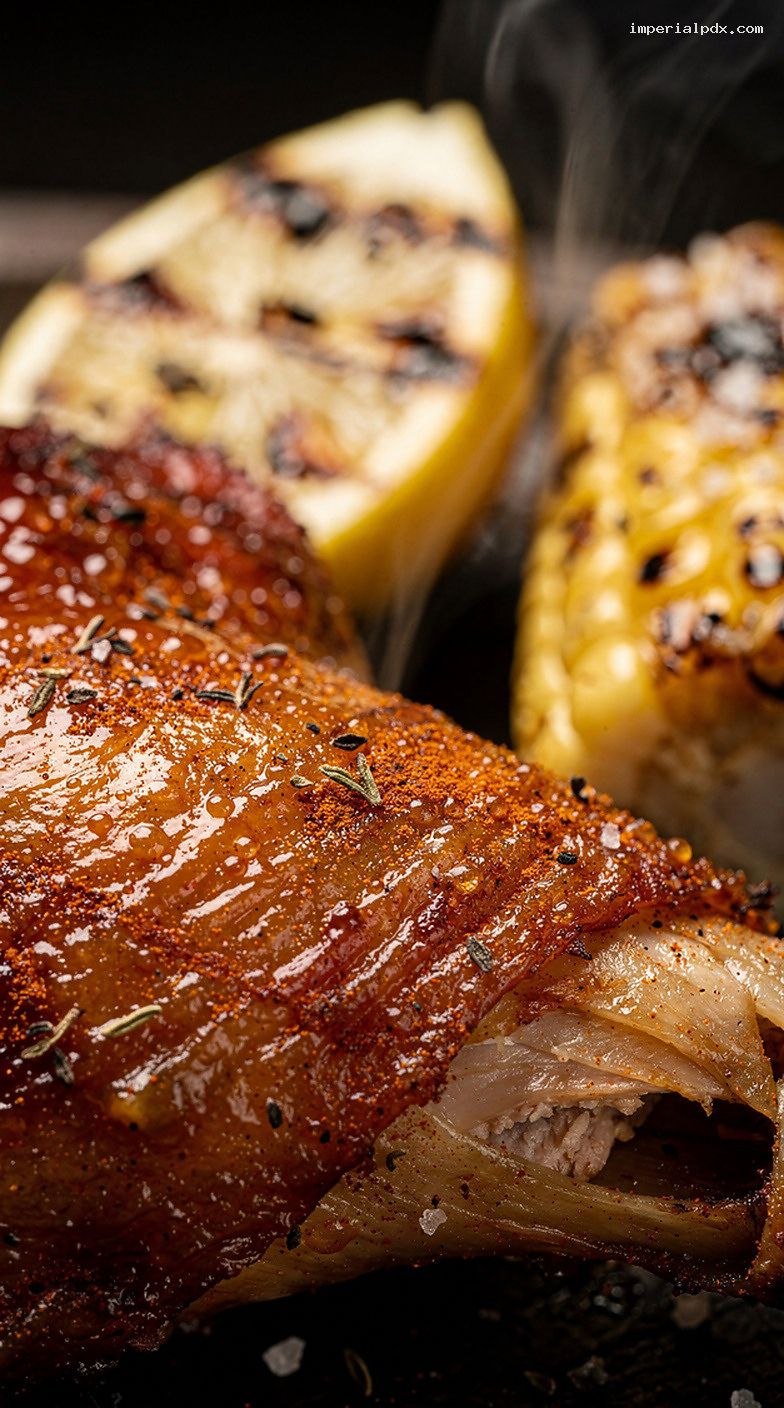 Smoked BBQ Chicken Quarters With Crisp Skin and Sweet-Tang Glaze – Closeup