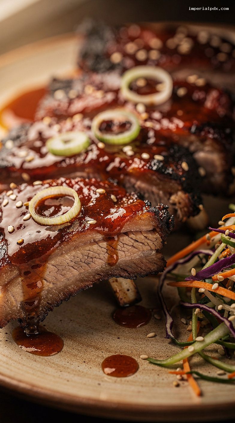Smoked BBQ Spare Ribs With Gochujang Honey Glaze – Closeup