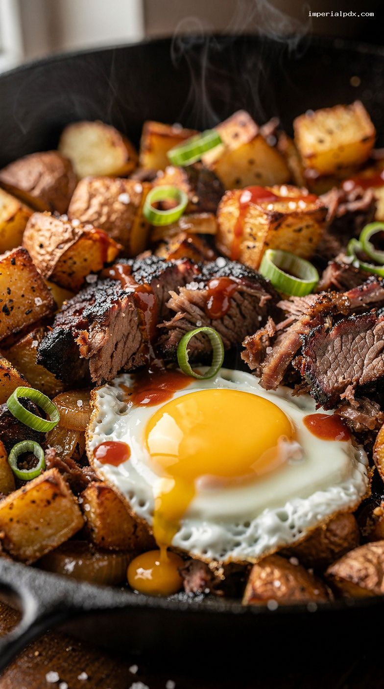 Smoked Brisket Breakfast Hash With Potatoes and Sunny Eggs – Closeup