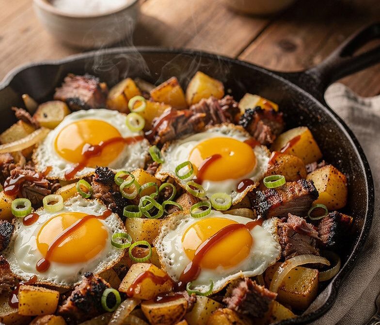 Smoked Brisket Breakfast Hash With Potatoes and Sunny Eggs