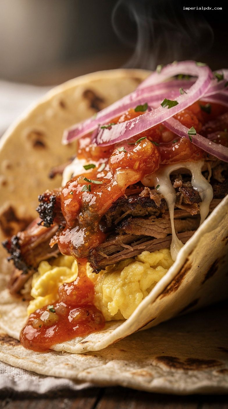 Smoked Brisket Breakfast Tacos With Eggs, Cheese, and Salsa – Closeup