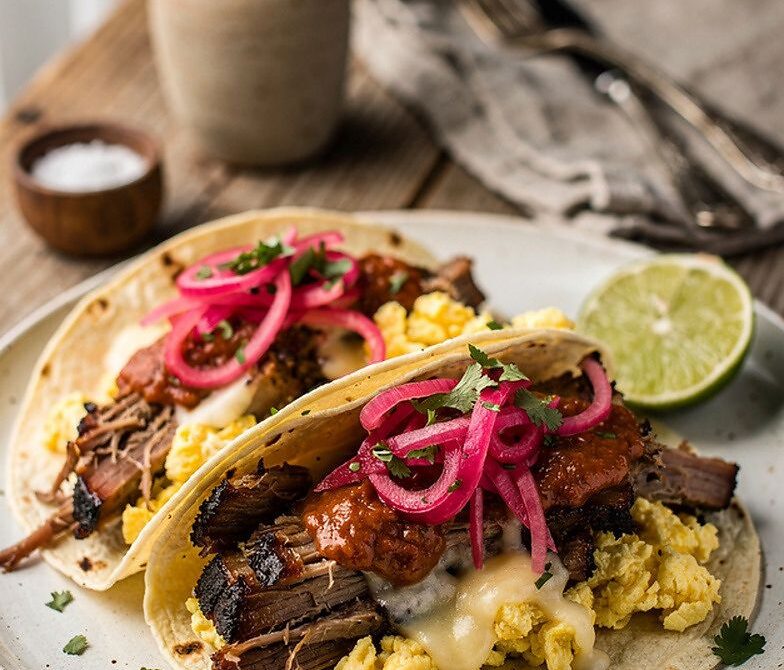 Smoked Brisket Breakfast Tacos With Eggs, Cheese, and Salsa