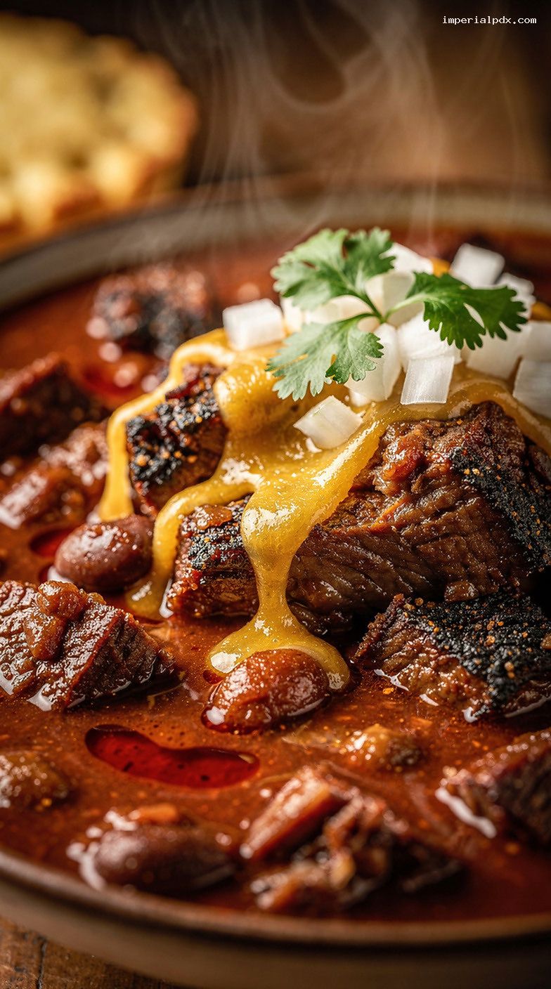 Smoked Brisket Chili With Smoked Chiles And Spices – Closeup