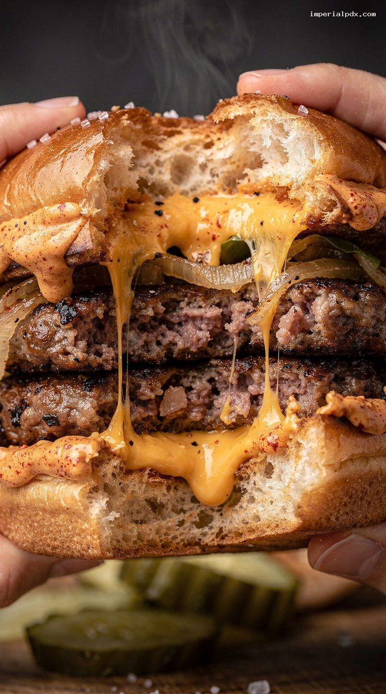 Smoked Brisket-Chuck Smashburgers With Grilled Onions and BBQ Aioli – Closeup