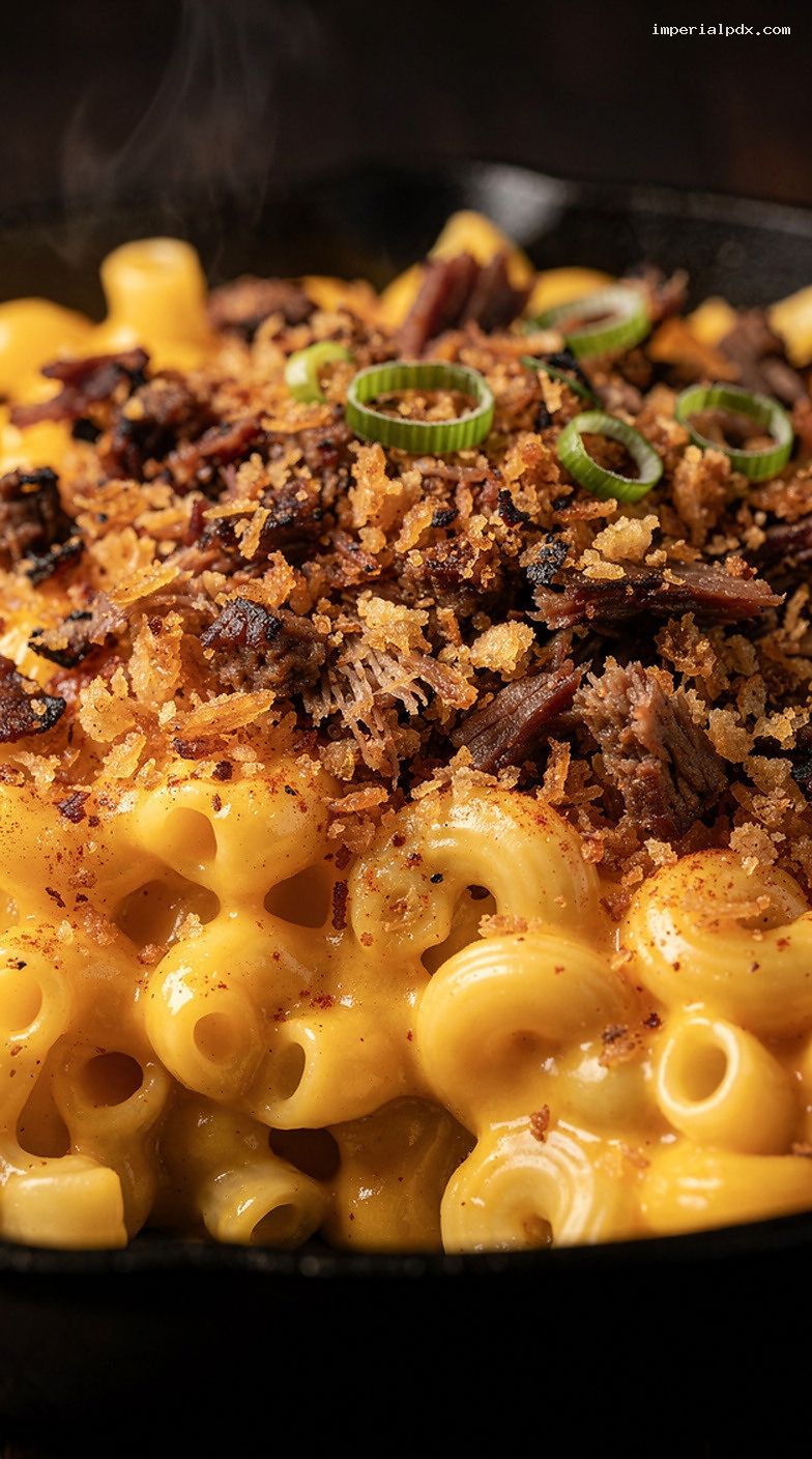 Smoked Brisket Mac and Cheese with Crunchy Breadcrumb Topping – Closeup
