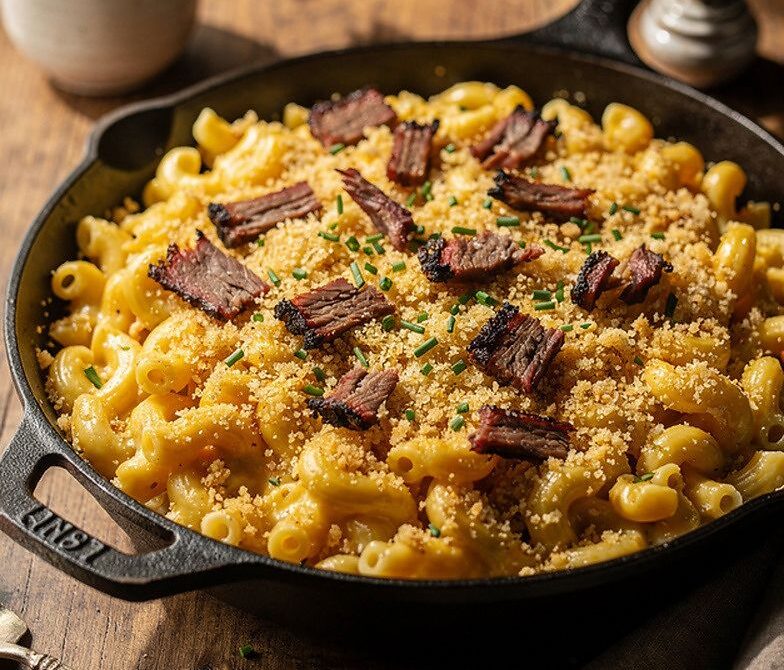Smoked Brisket Mac and Cheese with Crunchy Breadcrumb Topping