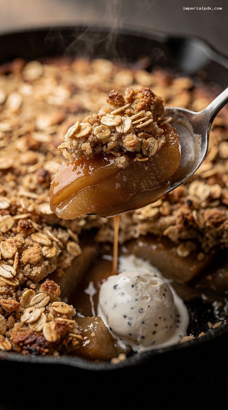 Smoked Cast-Iron Apple Crumble With Oat Topping – Closeup