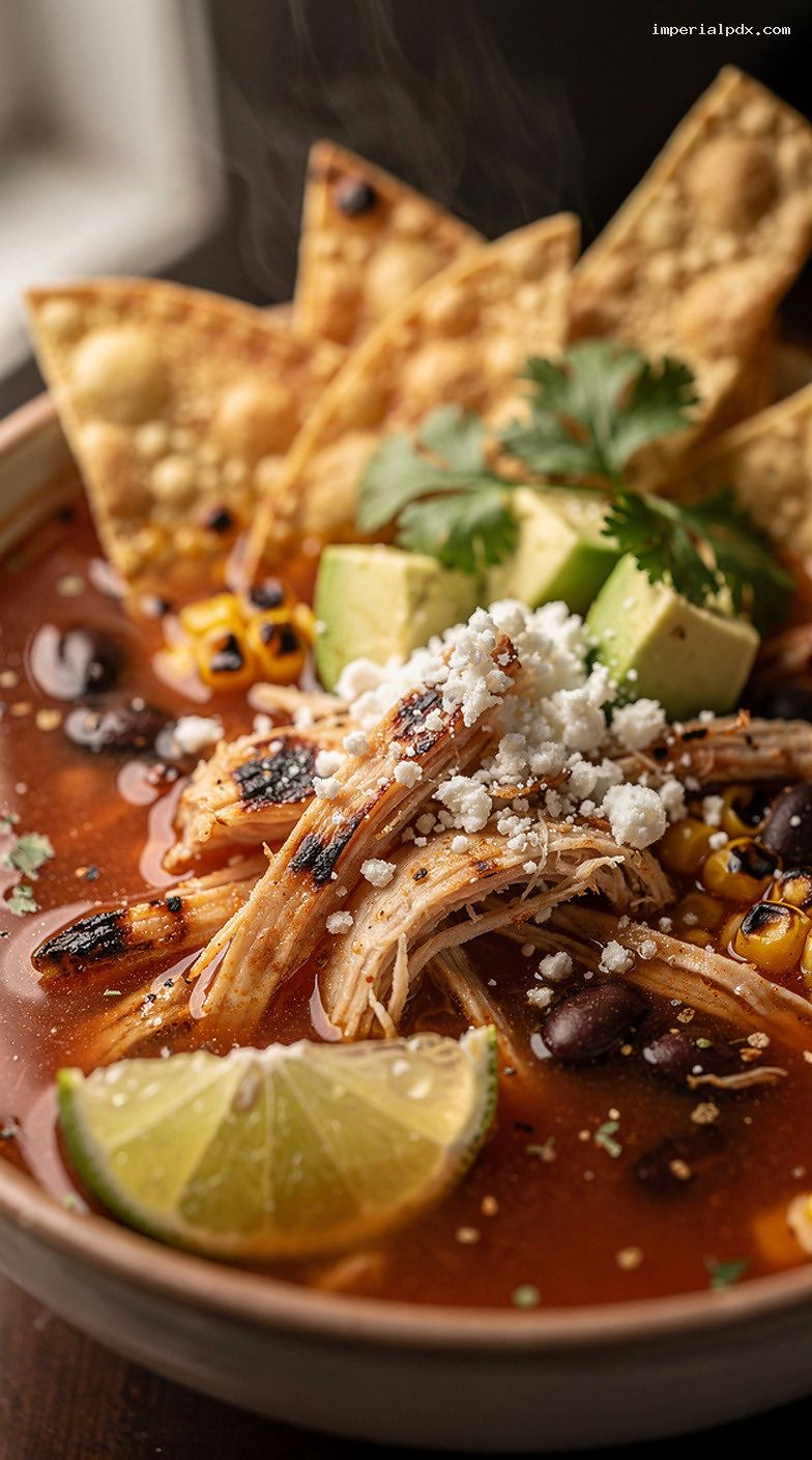 Smoked Chicken Tortilla Soup With Lime and Crunchy Tortilla Strips – Closeup
