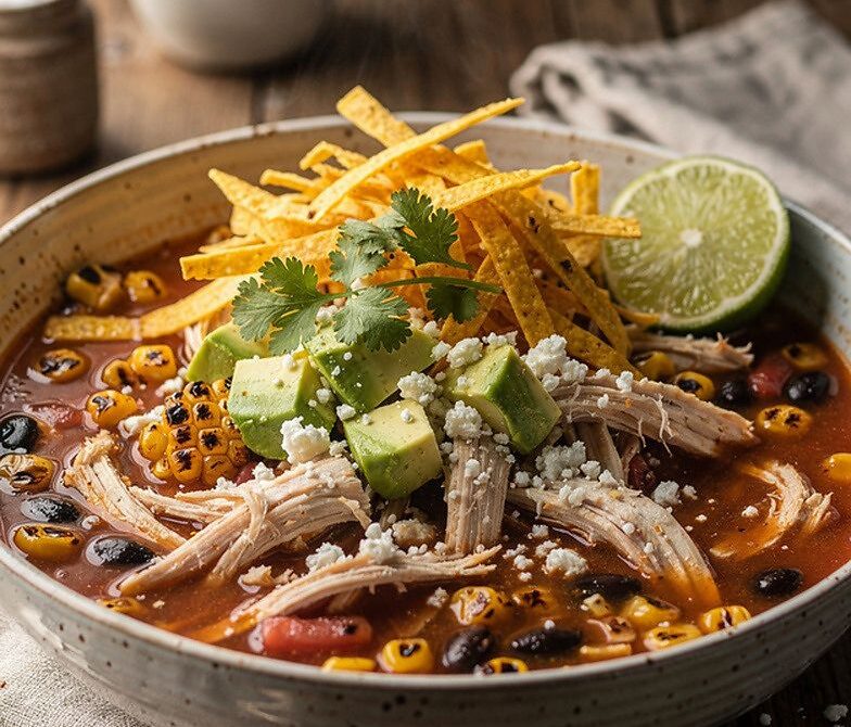 Smoked Chicken Tortilla Soup With Lime and Crunchy Tortilla Strips