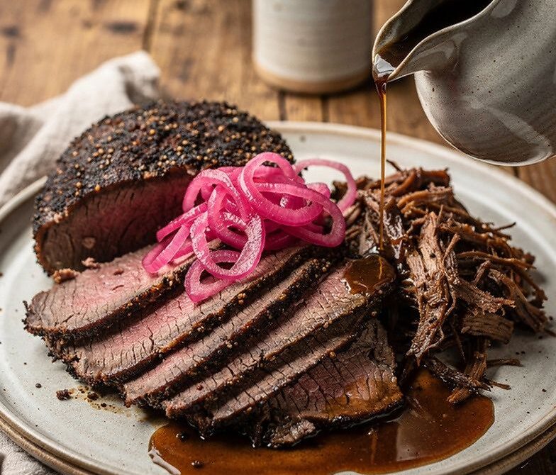 Smoked Chuck Roast Poor Man’s Brisket With Jus and Pickled Onions