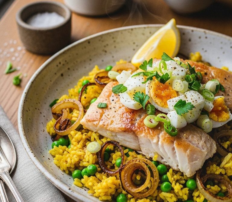 Smoked Haddock Kedgeree With Turmeric Rice, Peas, and Eggs