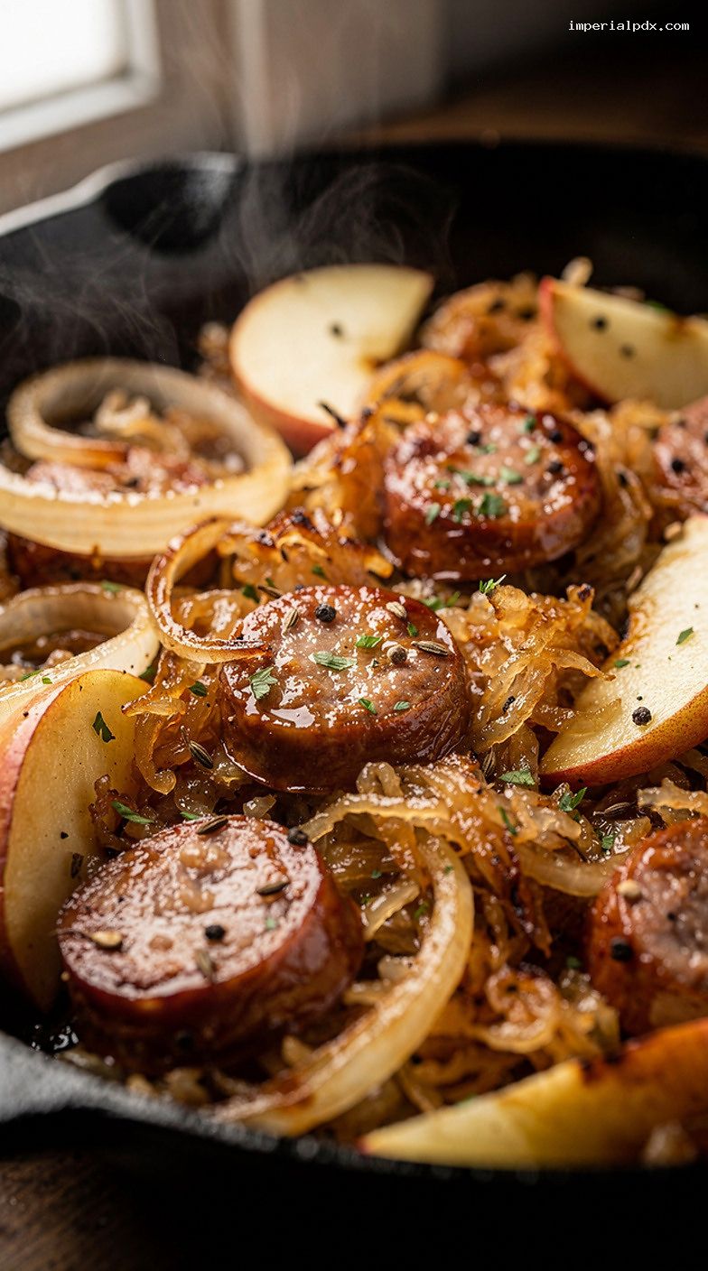 Smoked Kielbasa Skillet With Sauerkraut, Apples, and Onions – Closeup