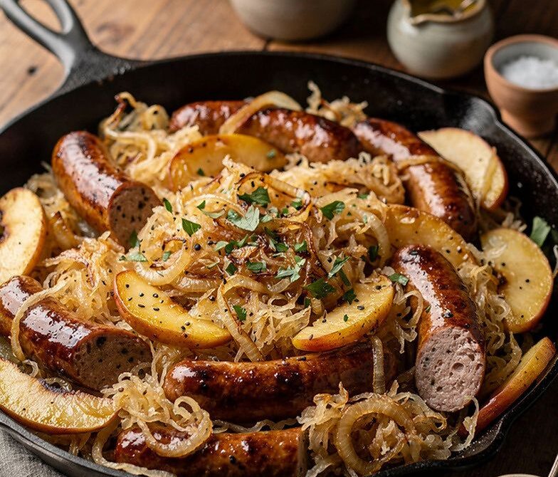 Smoked Kielbasa Skillet With Sauerkraut, Apples, and Onions