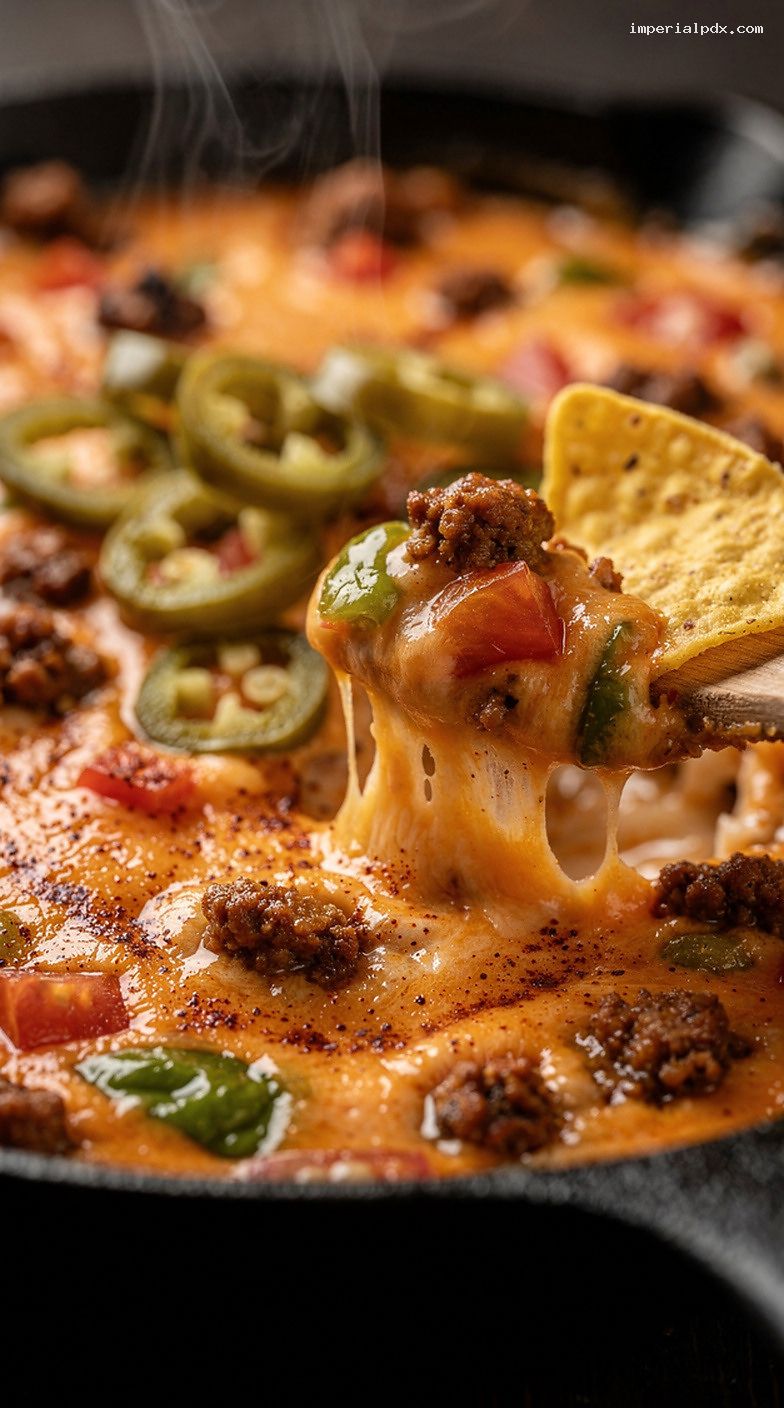 Smoked Queso Dip with Chorizo and Green Chiles – Closeup